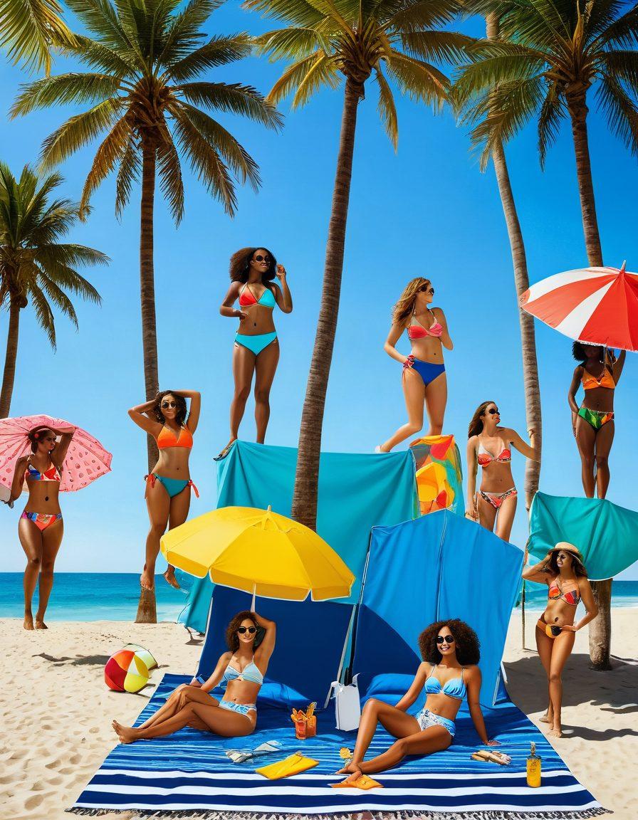 A vibrant beach scene showcasing stylish ladies in chic swimwear, enjoying a sunny day by the ocean. Include a diverse group of women of different body types and ethnicities, lounging on colorful beach towels, playing beach volleyball, and sipping tropical drinks. Incorporate palm trees, beach umbrellas, and a clear blue sky to create an inviting atmosphere. Focus on bright, trendy swimwear designs that reflect modern fashion. super-realistic. vibrant colors. sunny atmosphere.
